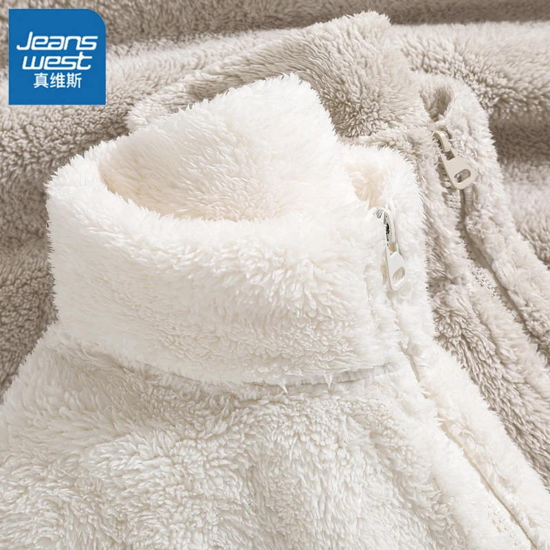 真维斯舒棉绒外套女秋冬季2026新款杏色加绒加厚立领开衫上衣L