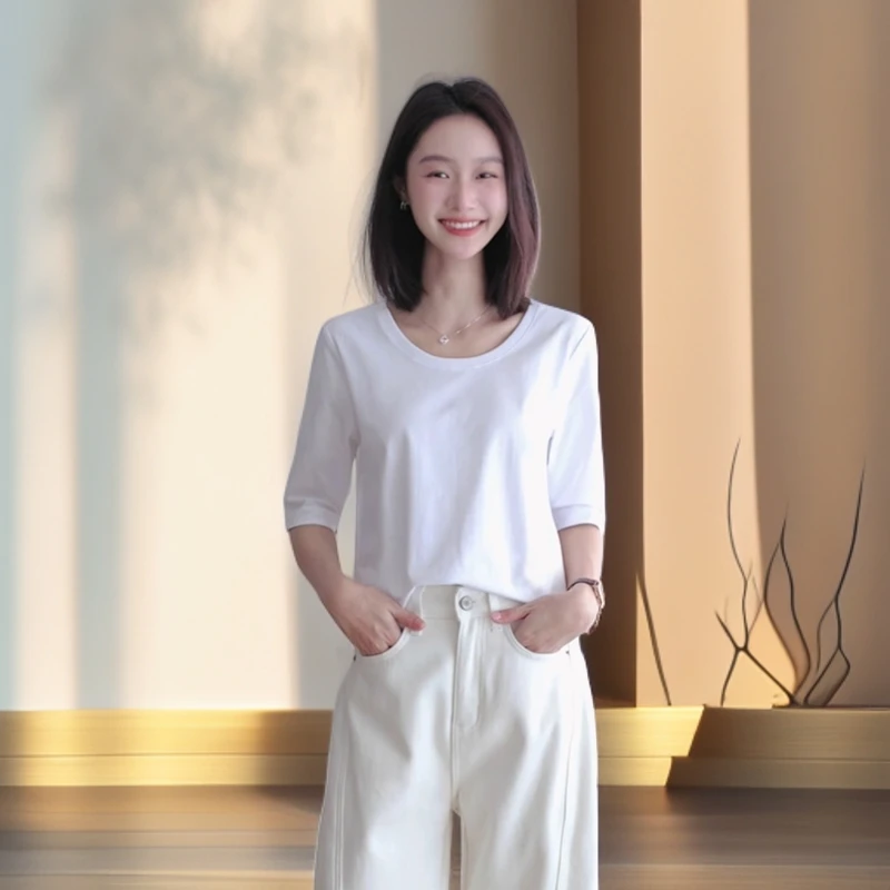 正肩白色T恤女款中袖打底衫内搭U领遮肚显瘦百搭五分袖上衣高级感