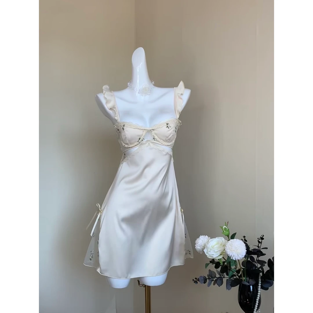 【温柔如初】法式纯欲风吊带睡裙带胸垫性感蕾丝镂空刺绣睡衣家居服