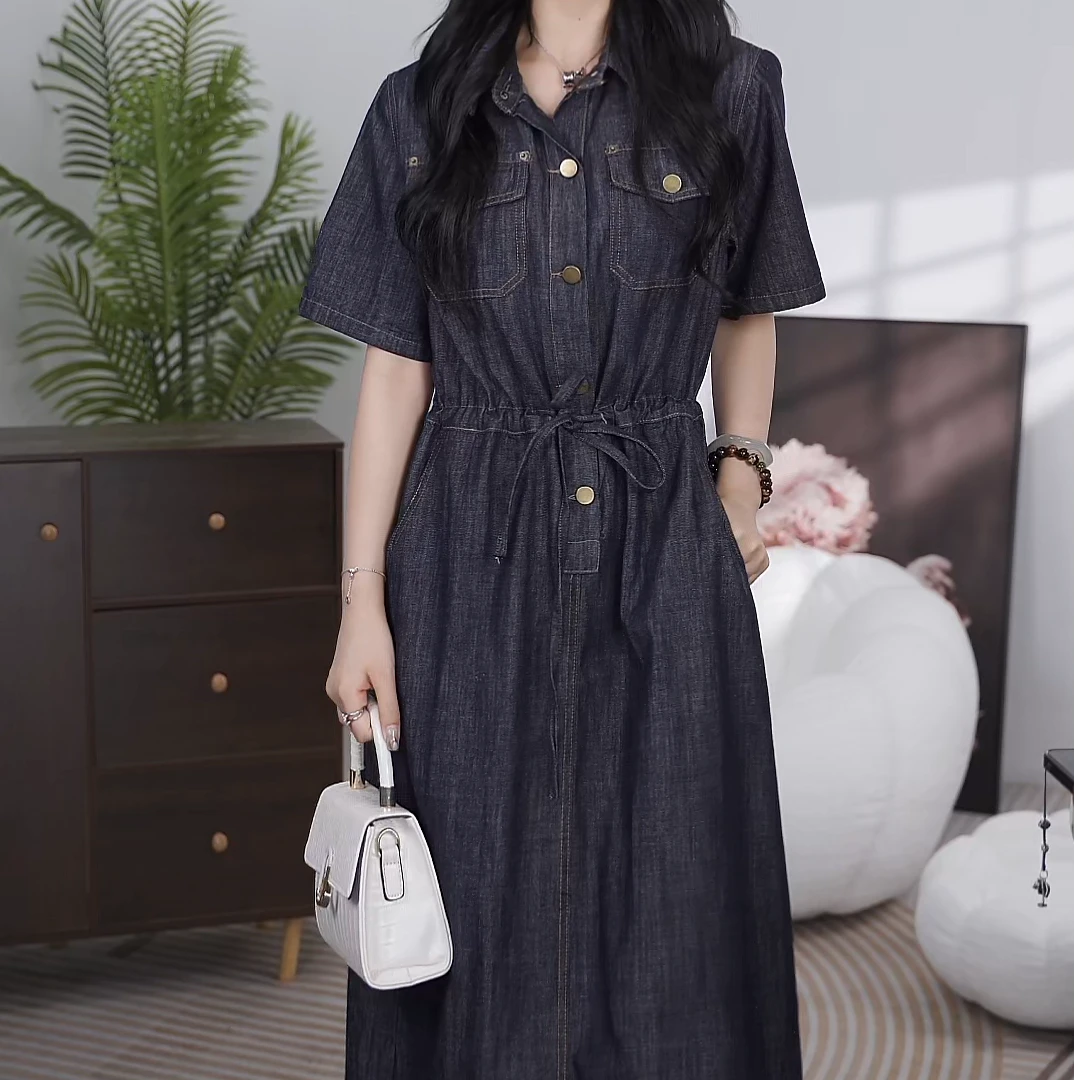 【陈姐专属】中长款复古抽绳收腰女牛仔连衣裙水洗春夏款2557