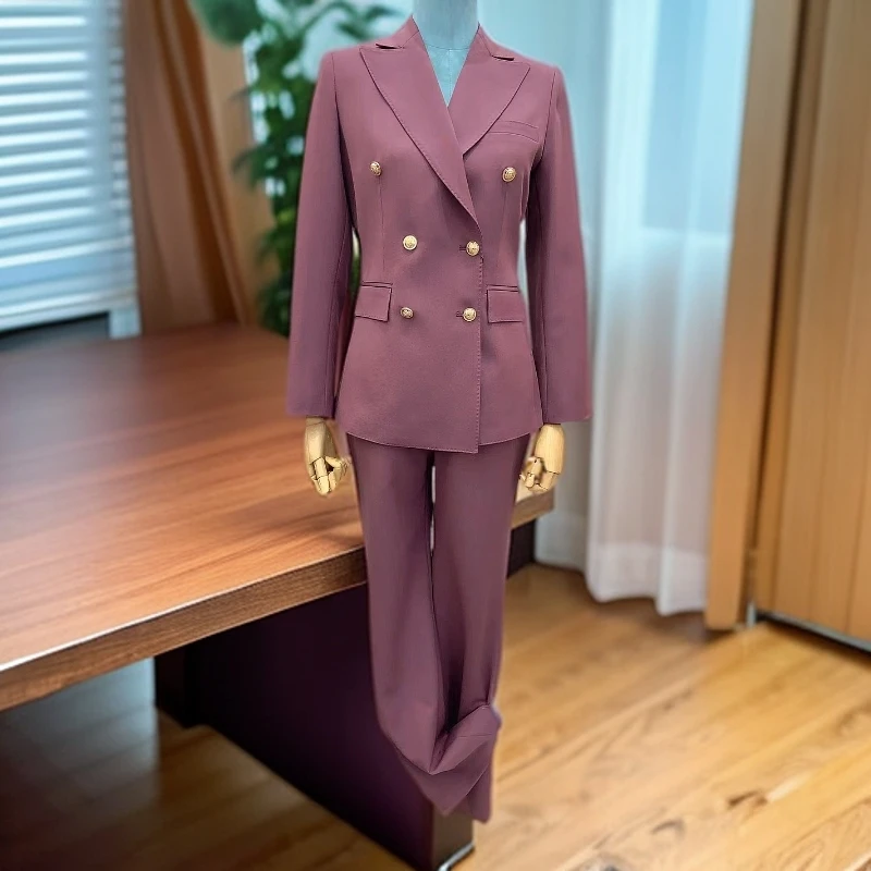 修身显瘦气质西装西服阔腿裤紫色双排扣时尚正装修身气质职业女士