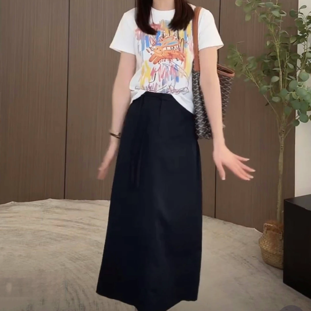 设计感彩绘兔子短袖t恤女+高腰百搭开叉系带直筒半身裙夏季两件套