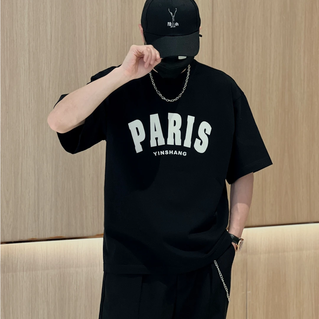 【隐尚】高级感新款痞帅男装高奢时尚纯棉休闲短袖t恤设计师上衣潮