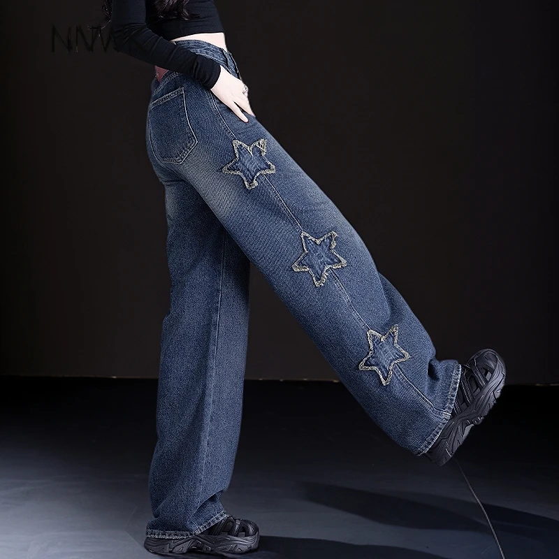 高腰蓝色牛仔裤女2026炸街潮款裤子女春秋阔腿裤宽松星星直筒长裤