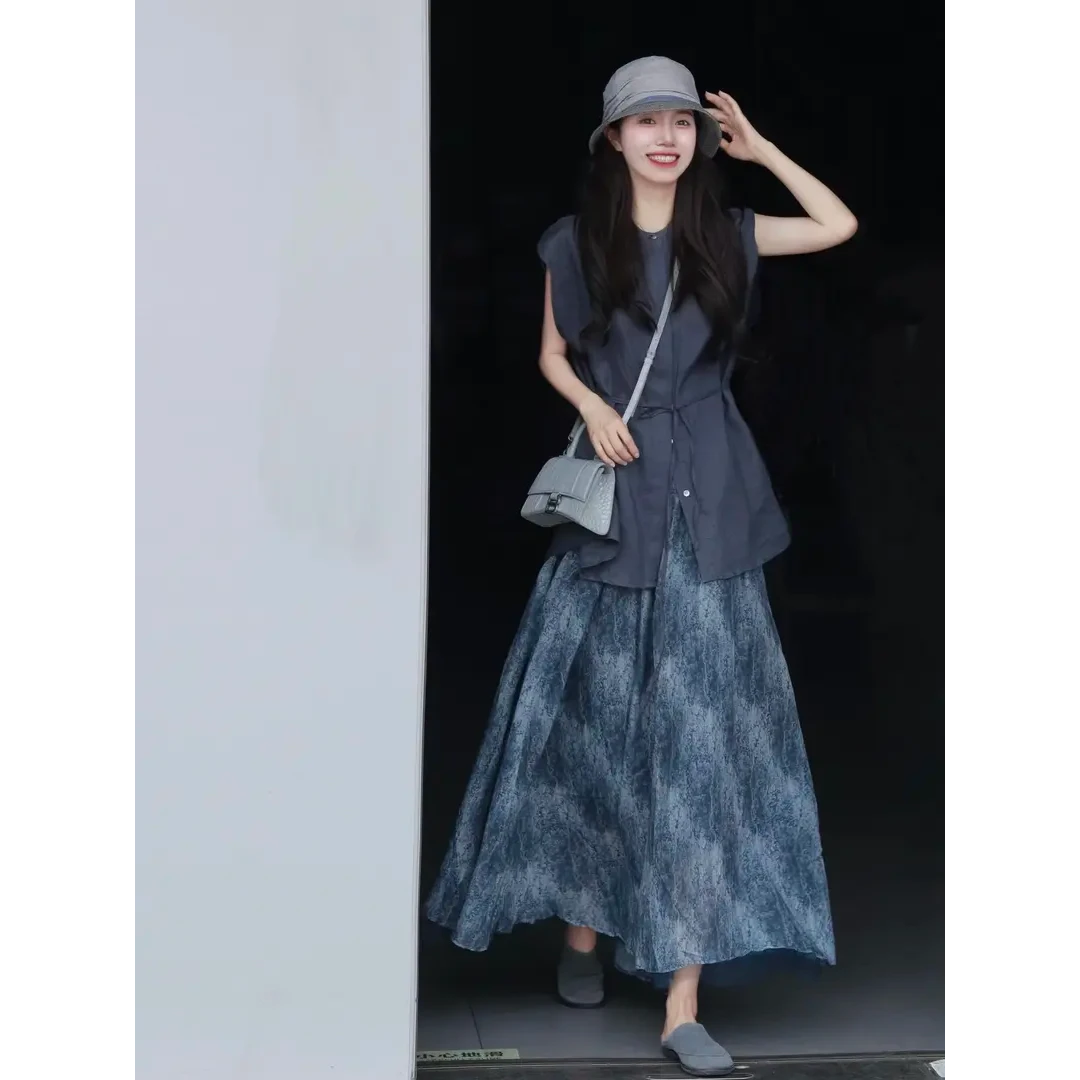 韩系系带收腰无袖坎肩上衣女2025夏季新品纯色宽松衬衫