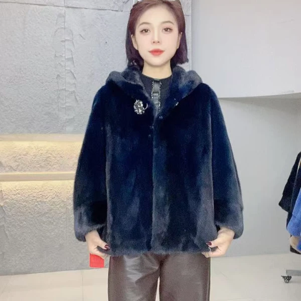 246680【DC】女装反季撤柜水貂皮草外套蓝黑连帽