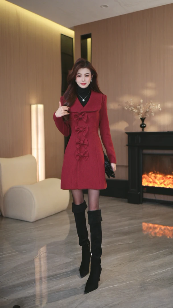 罗曼定制 原创设计红色外套赫本风款厚款连衣裙羽绒冬季新款