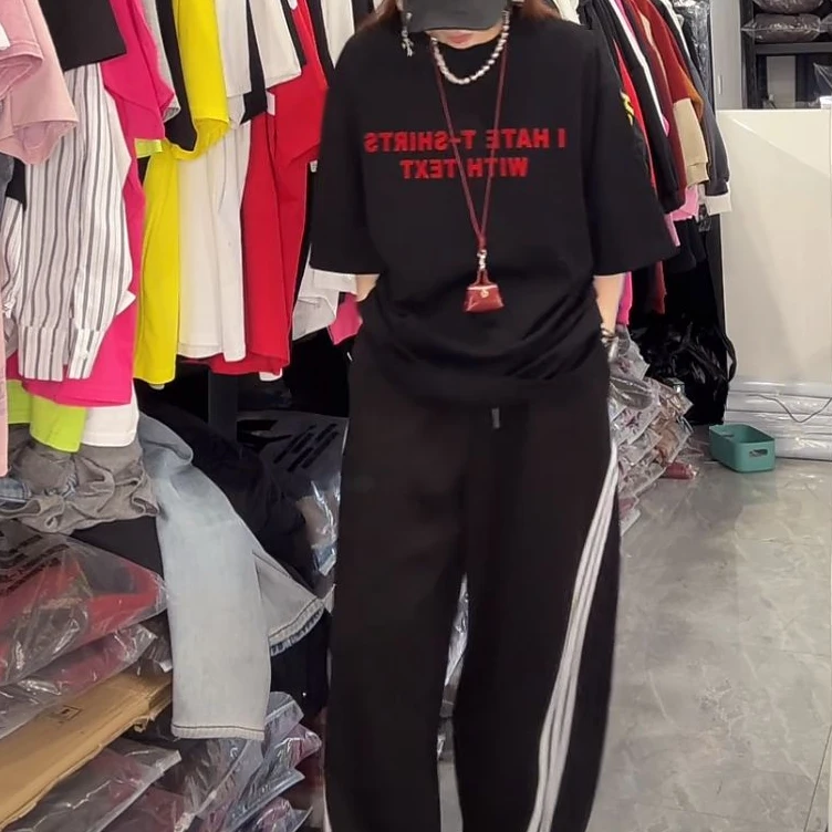 斜条纹卫裤长裤休闲裤运动裤夏季抽绳宽松复古高街美式设计感垂感