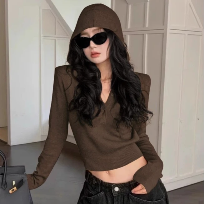 美拉德辣妹连帽针织衫女秋季设计感修身收腰长袖毛衣内搭短上衣