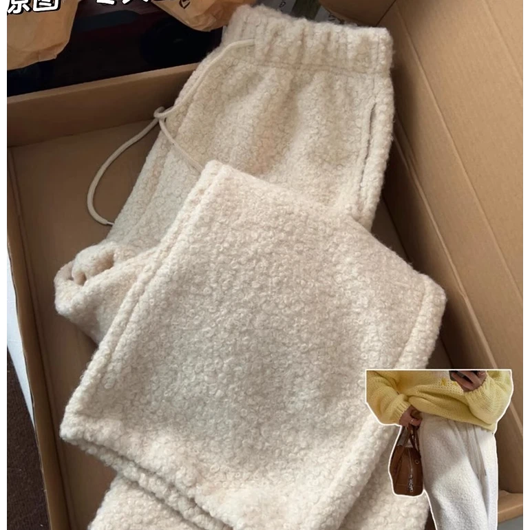 被惊艳到了！今年爆款白色圈圈毛绒卫裤女冬季2024新款直筒束腿裤