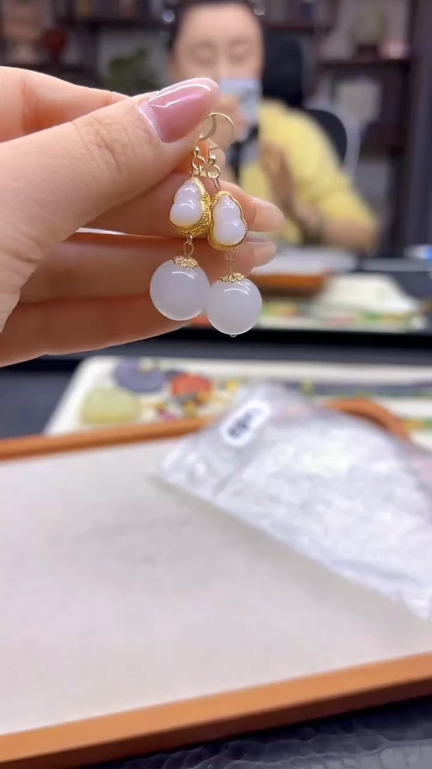 14K金镶嵌和田玉耳饰DIY款E851