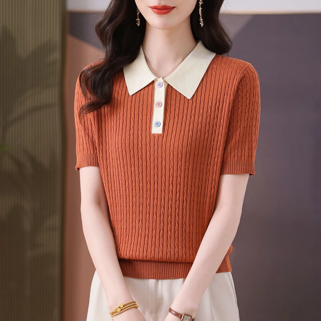 薄款气质法式短袖透气排汗显瘦夏季遮肉Polo领正肩套头宽松小衫女