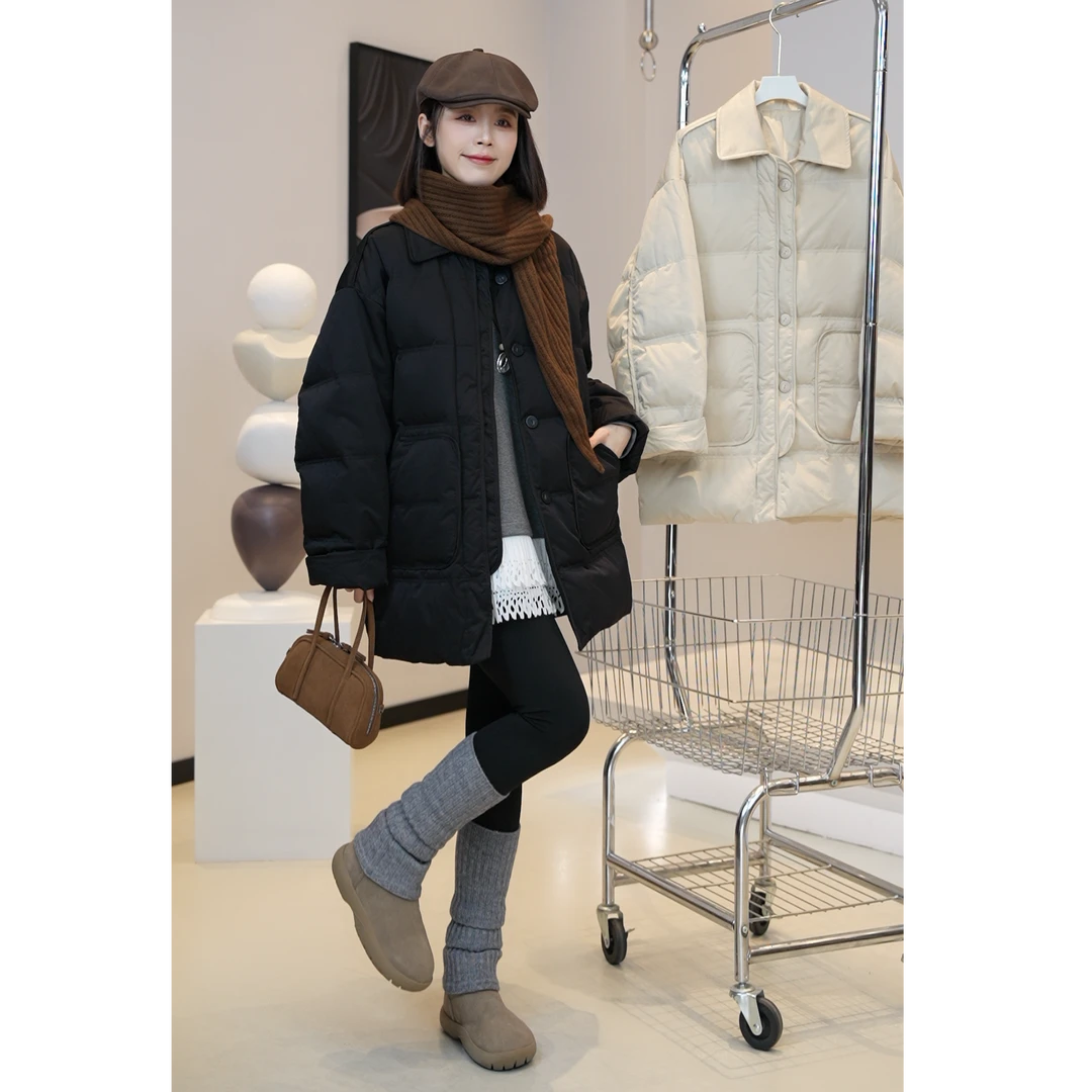 少量现货【芜阅】中长款羽绒服大口袋单排扣白鸭绒外套2025冬款W964