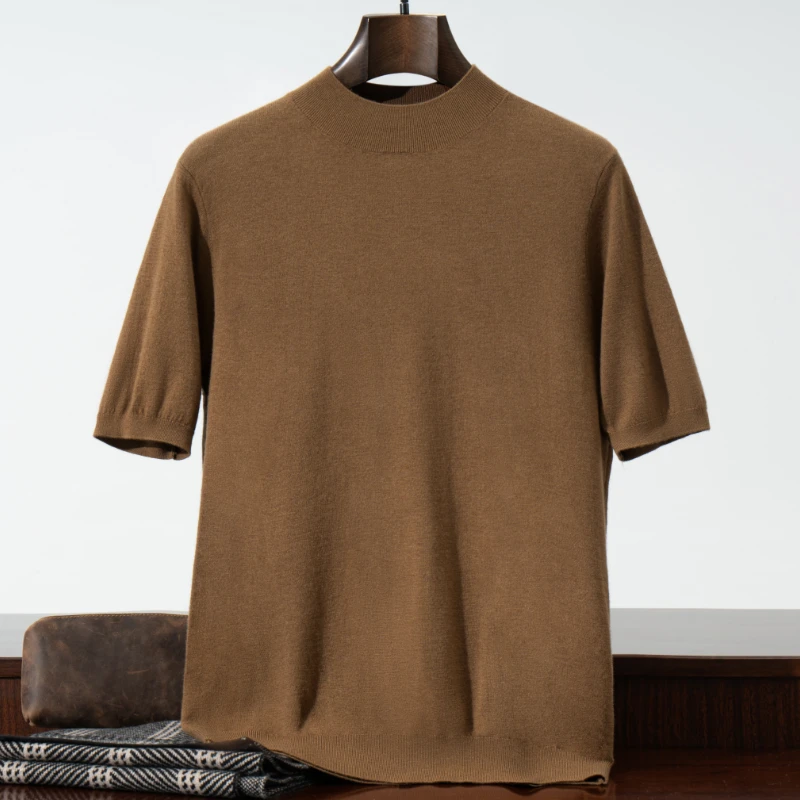 不议价】男士新款精纺羊毛半高领针织短袖纯色羊绒圆领休闲半袖