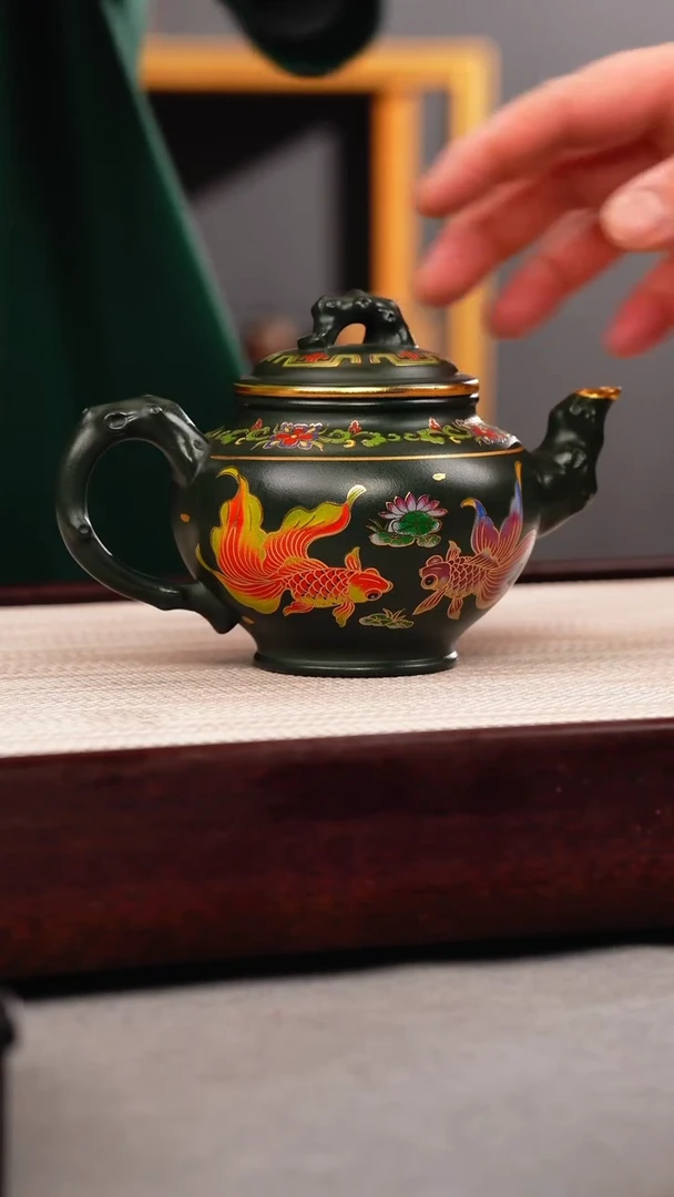 茶壶紫砂绿泥 报春 锦鲤珐琅彩