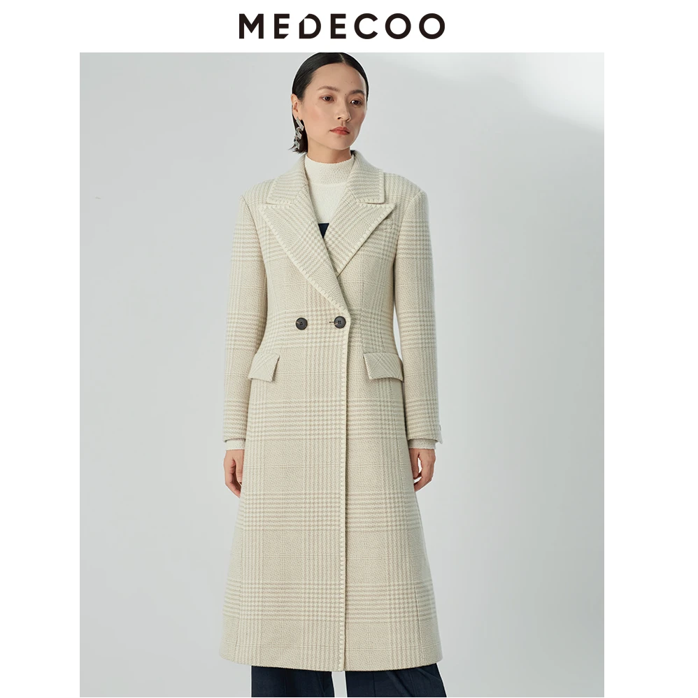 墨蒂珂冬新款干练宽肩千鸟格羊毛呢大衣外套MHD20306