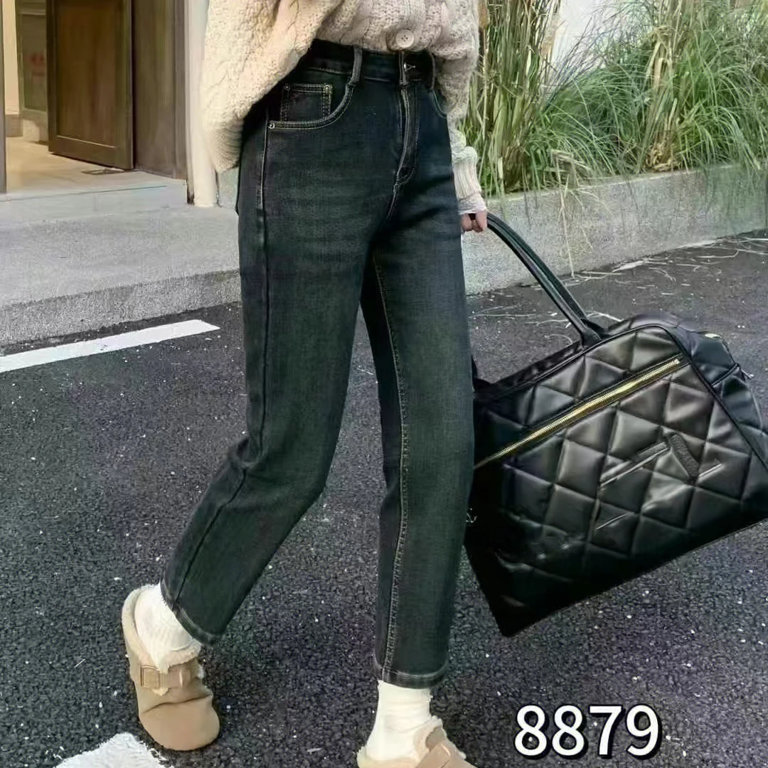 8879秋冬时尚小个子休闲百搭显瘦女加绒加厚女九分牛仔直筒烟管裤