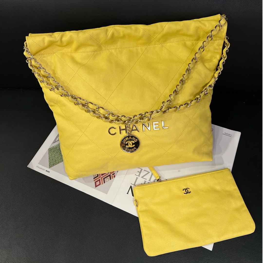 99新 Chanel/香奈儿 专柜47900柠檬黄23C小号22bag单肩包B5884