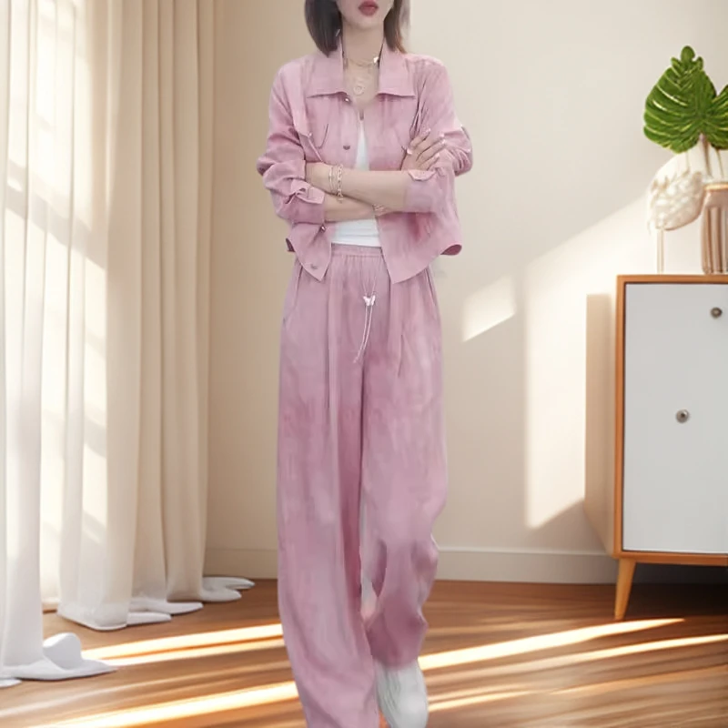 2025年夏季欧货休闲运动套装时尚洋气防晒衬衫高腰直筒裤两件套女