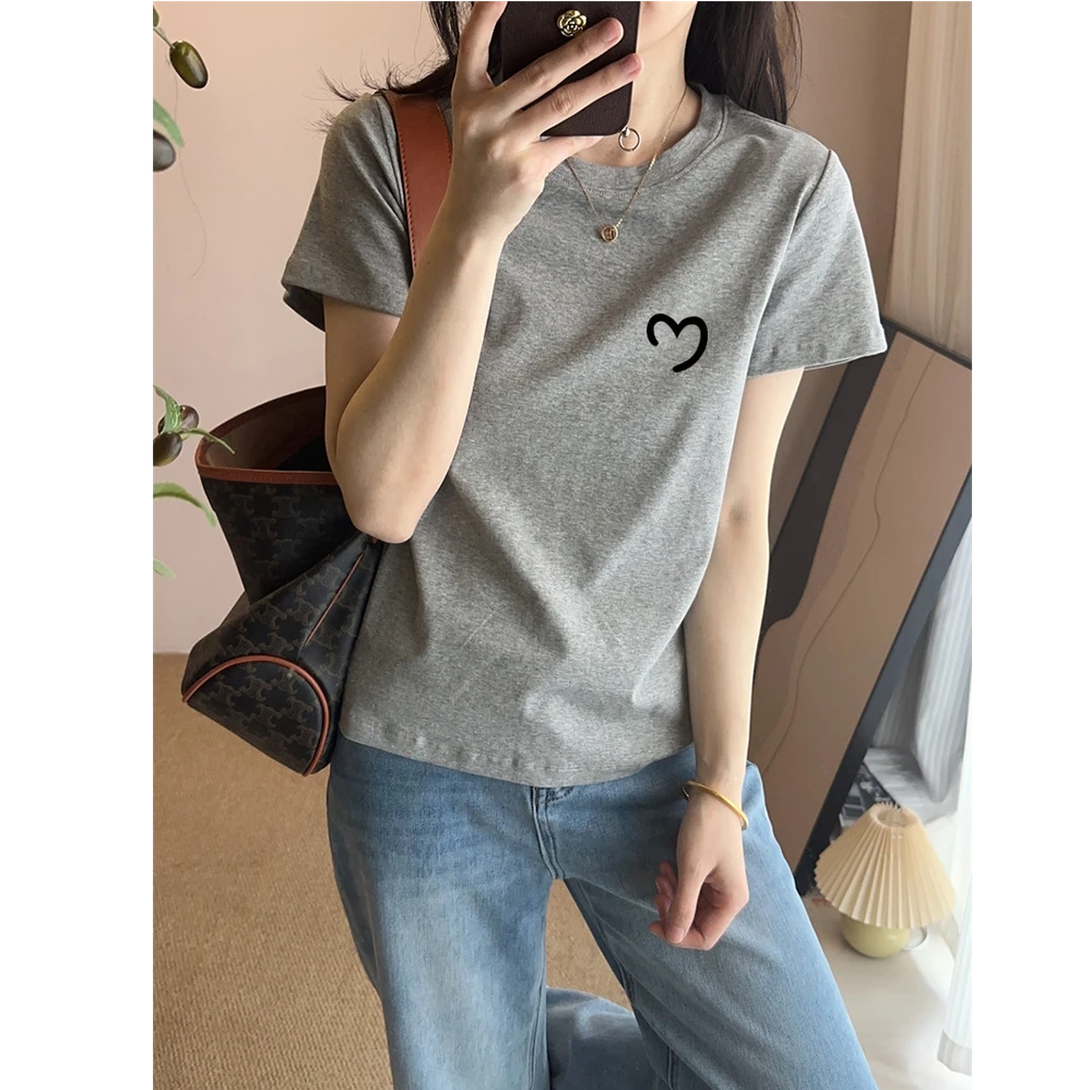 小众设计感正肩棉短袖t恤女时尚洋气灰色上衣基础款打底衫夏季