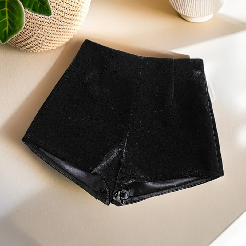 【2085】基本款黑色丝绒百搭短裤女秋冬辣妹时尚外穿保暖阔腿靴裤子