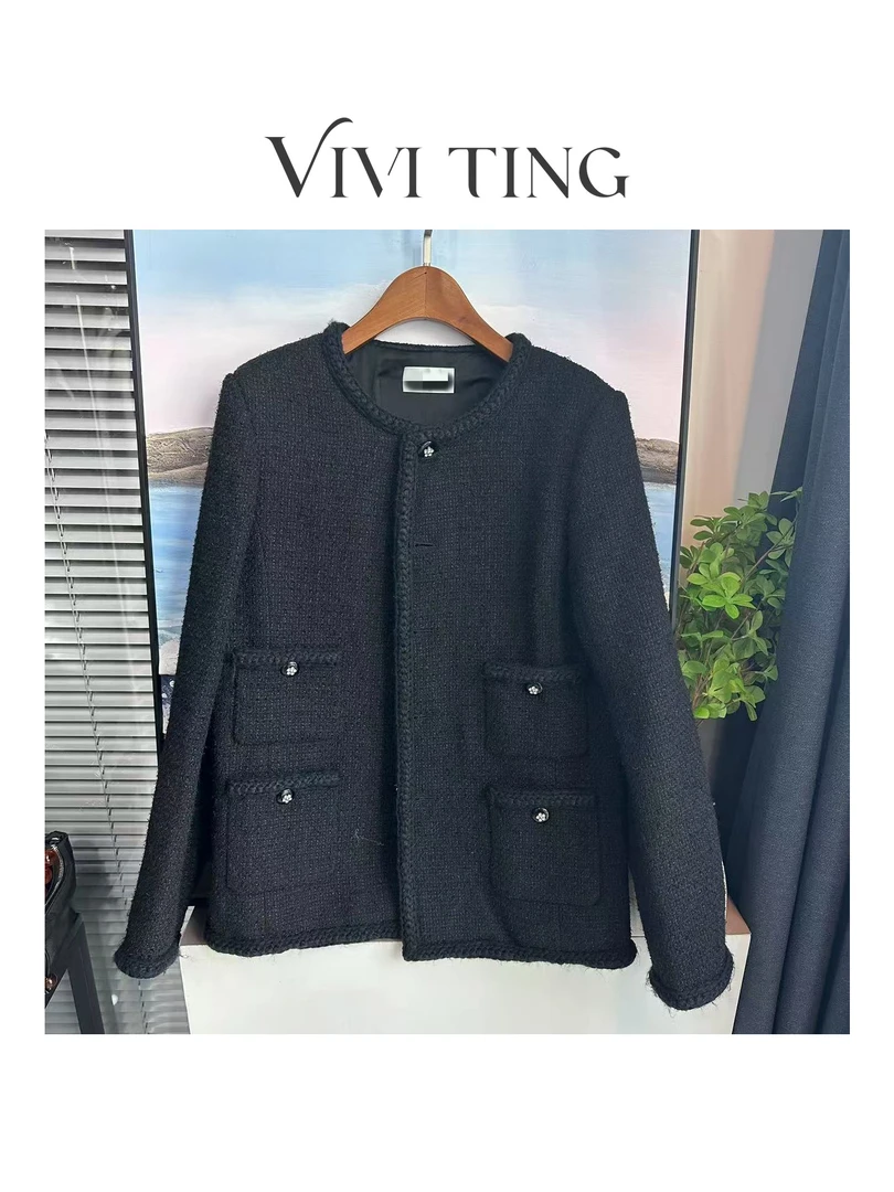 【VIVI·TING】婷姐推荐小香风粗花呢袖扣镶钻花朵单排扣中长款外套