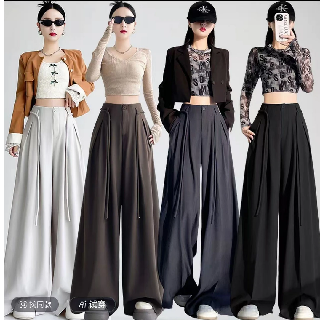 韩版抽绳褶皱阔腿裤小众设计感高腰垂感显瘦长裤