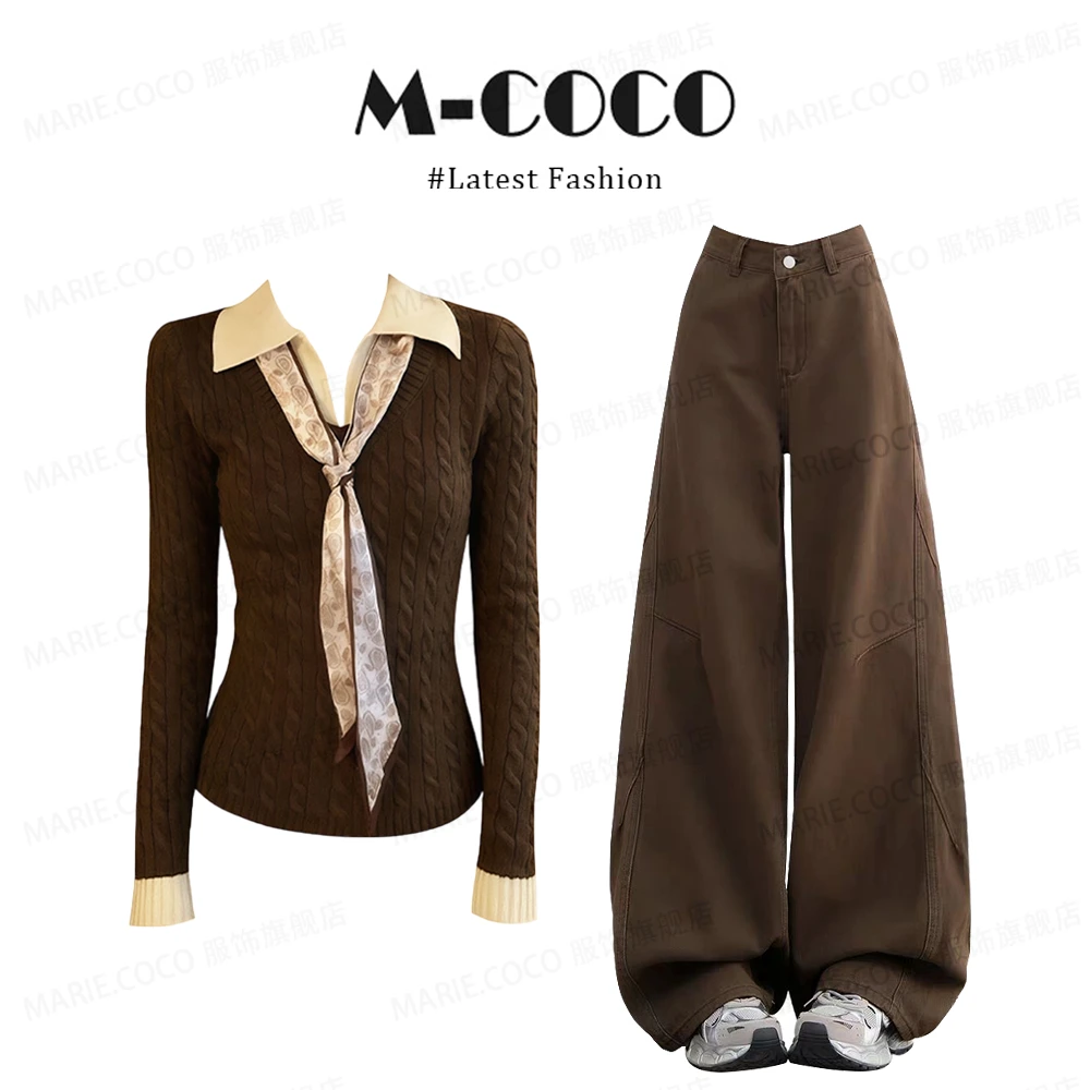 MARIE.COCO美拉德撞色翻领针织衫毛衣上衣搭配直筒牛仔裤秋冬套装