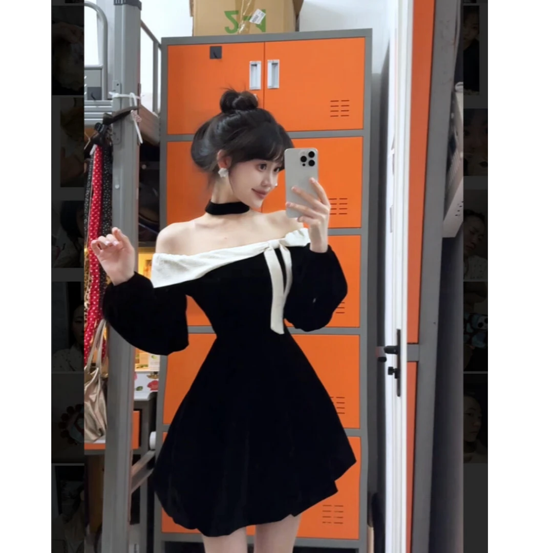 2025春秋新款黑色赫本风丝绒生日高级感收腰一字领露肩蓬蓬连衣裙