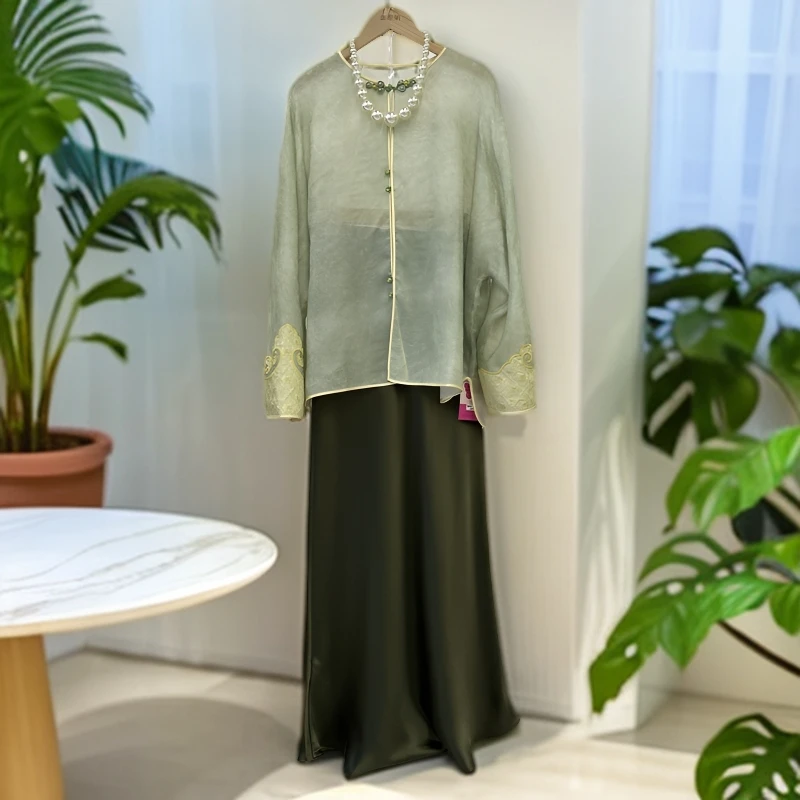 新中式桑蚕丝夏季长袖女春季新中式短外套风衣双面设计师时尚新款