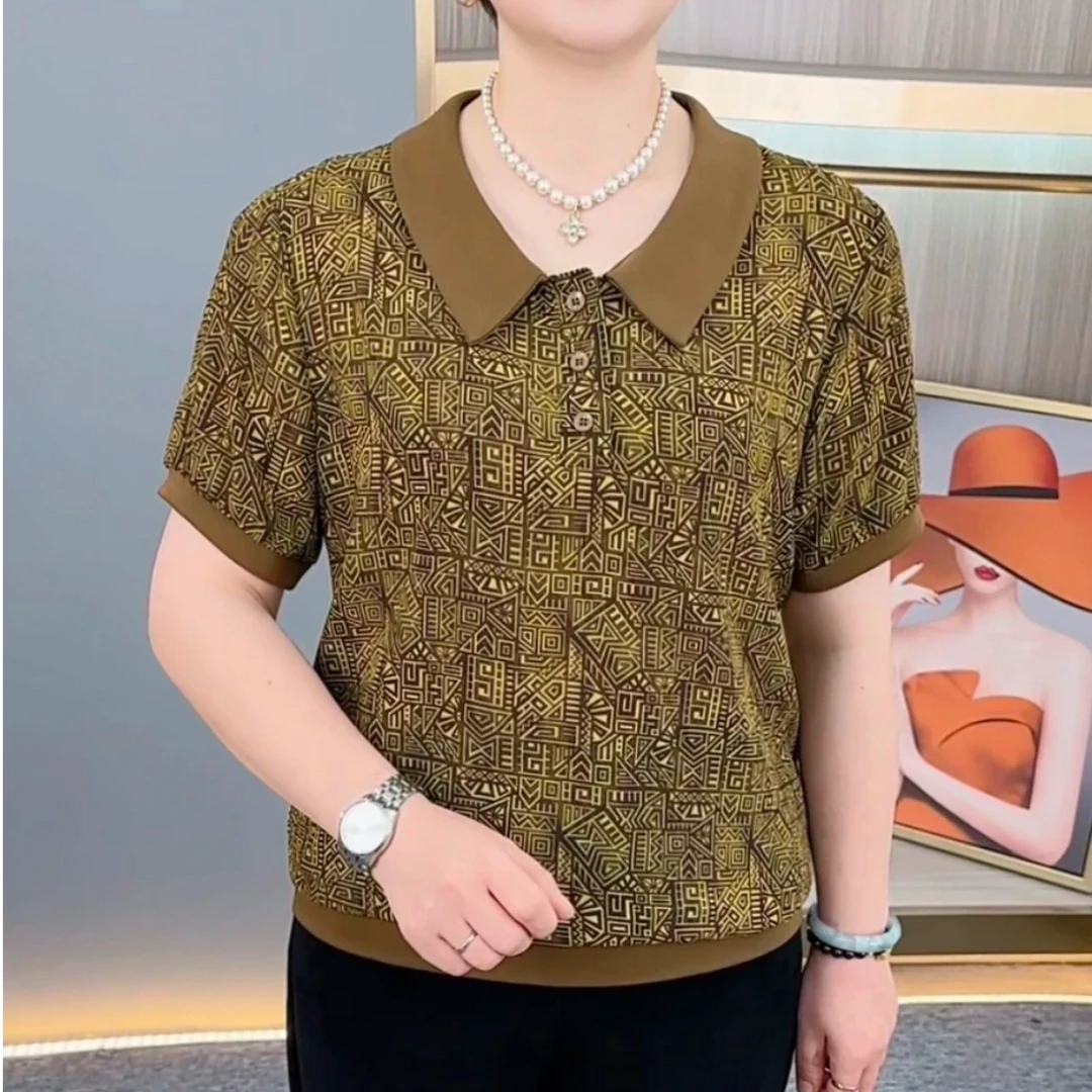 夏季新款时尚翻领中老年气质妈妈装宽松休闲百搭短袖上衣