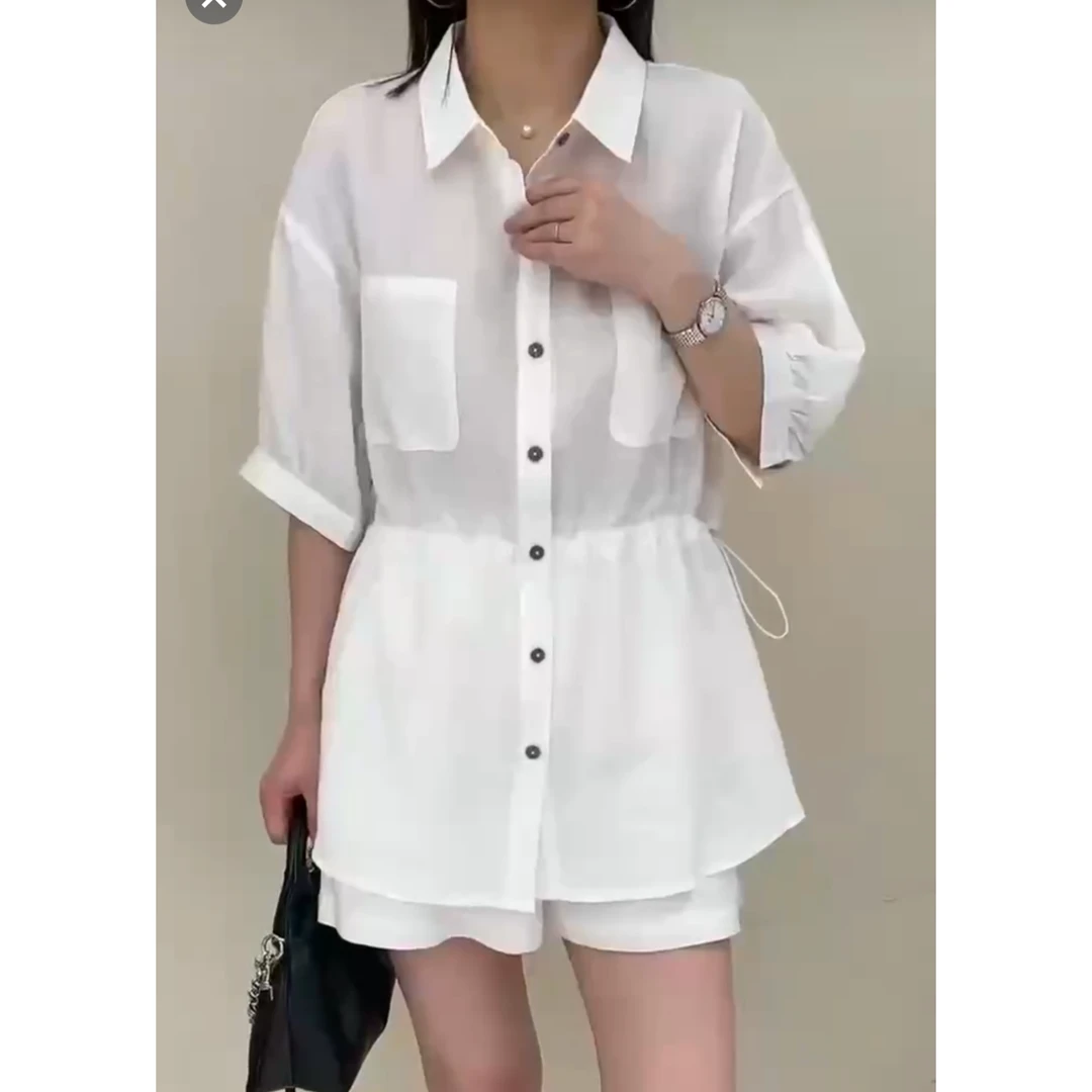 无印心匠D02586 韩版宽松胸前大口袋衬衫搭配短裤 夏季