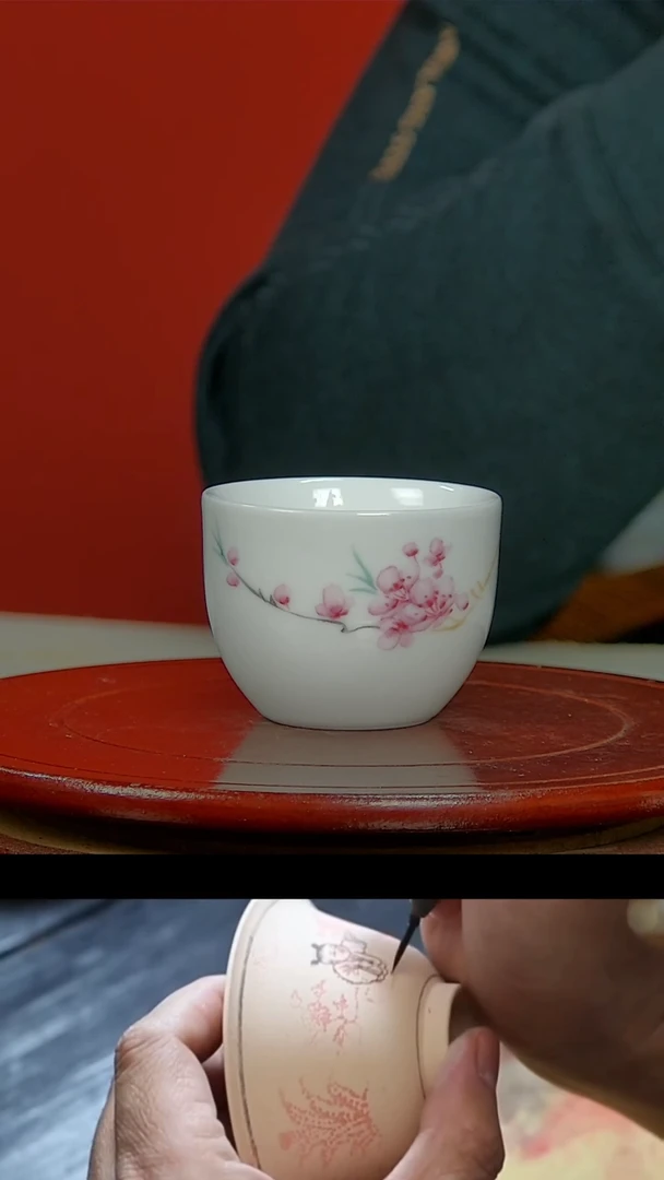 【闪购商品】005景德镇民间艺人粉彩水点桃花缸杯