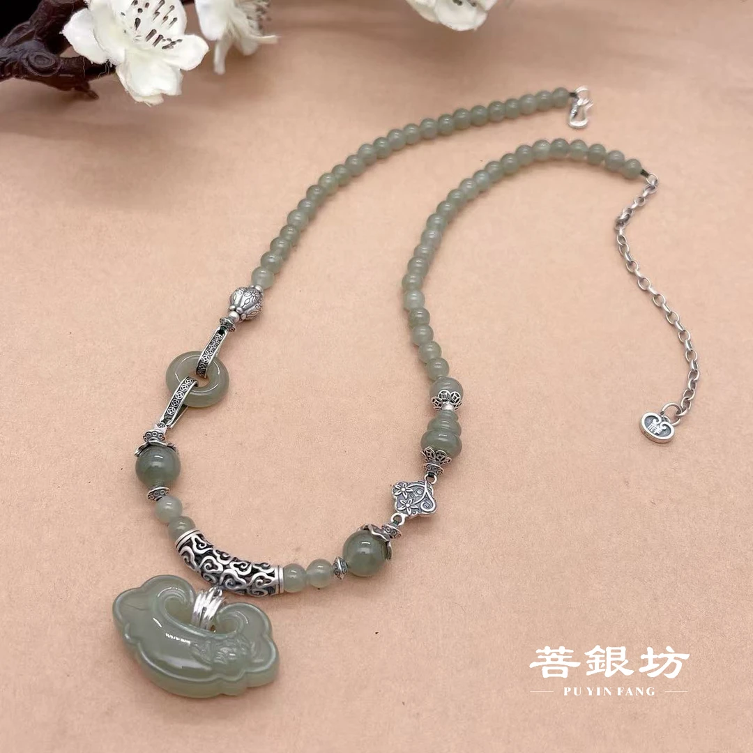 【菩银坊】925银 和田玉牡丹如意锁项链，45➕10cm