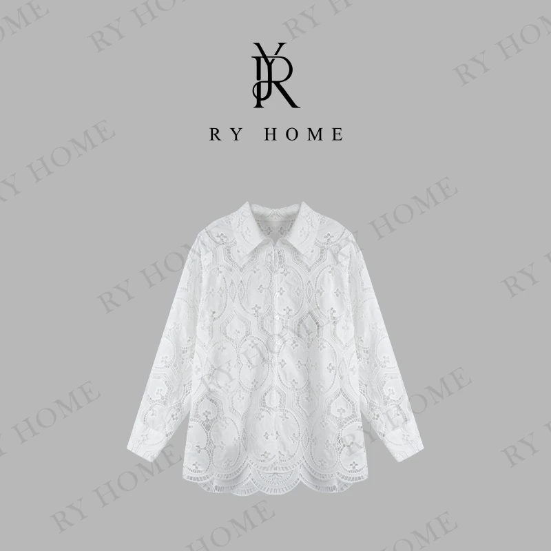 【容雨RYHOME】翻领蕾丝镂空花边衬衫外套251C1336