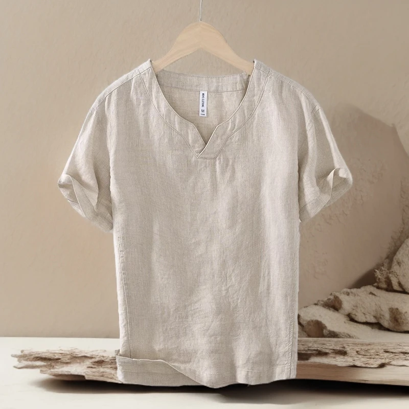 诺顿雷斯男士国潮休闲儒雅亚麻纯色V领短袖T恤简洁百搭麻面料薄款
