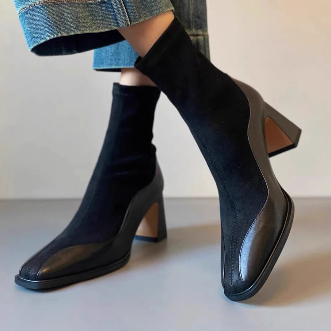 软皮~短靴女2025新款尖头马丁靴秋冬气质弹力袜靴粗跟法式瘦瘦靴