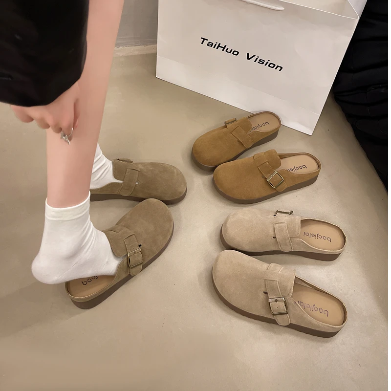 包头半拖鞋女外穿2025新款春秋勃肯鞋秋牛筋厚底懒人一脚蹬博肯拖