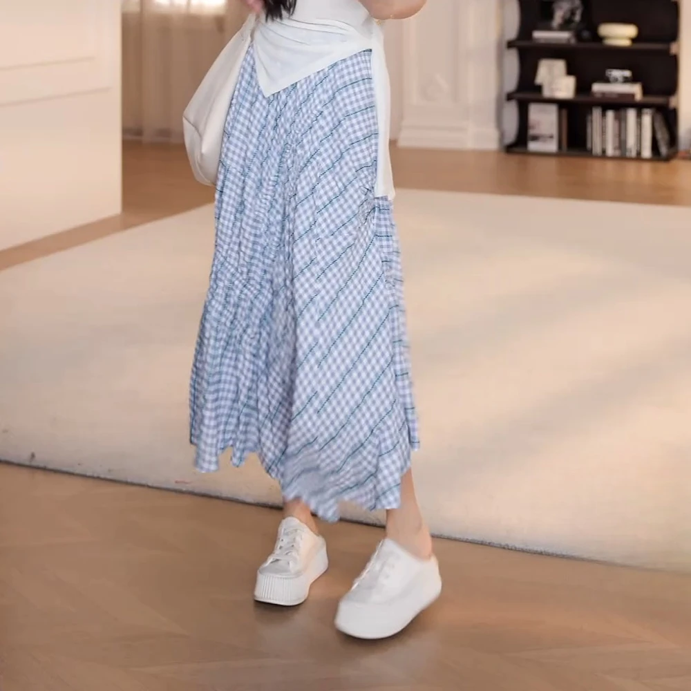 【山间经纬】显瘦气质松紧腰斜纹不规则格子半身裙