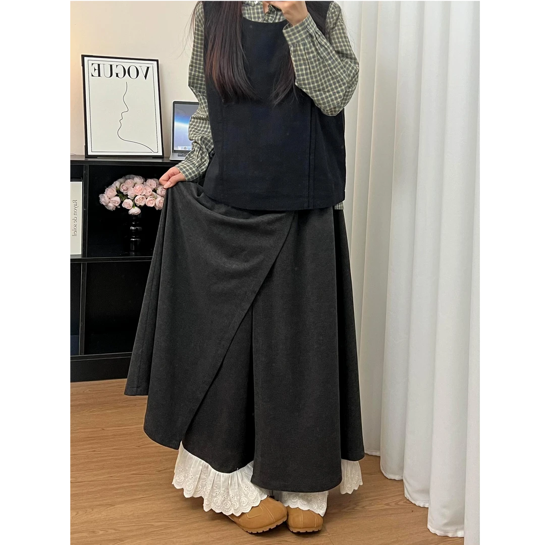 慵懒风蕾丝拼接毛呢阔腿裤裙女2026新款流行爆款宽松垂感休闲裙裤