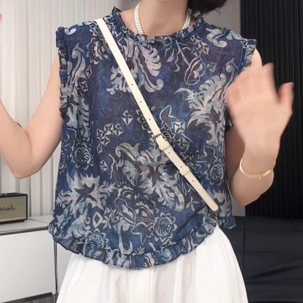 圆领木耳边拼接坎肩无袖背心花色衬衫女2025夏季新款宽松显瘦上衣