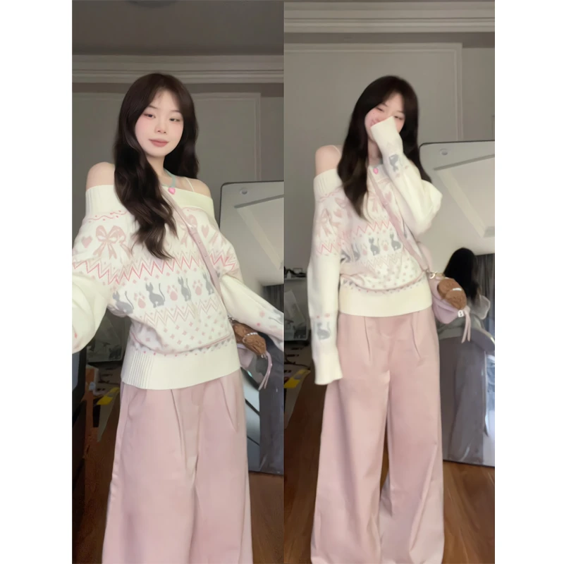 费尔岛猫咪一字肩毛衣感露肩针织衫上衣粉色弯刀裤阔腿休闲裤子女