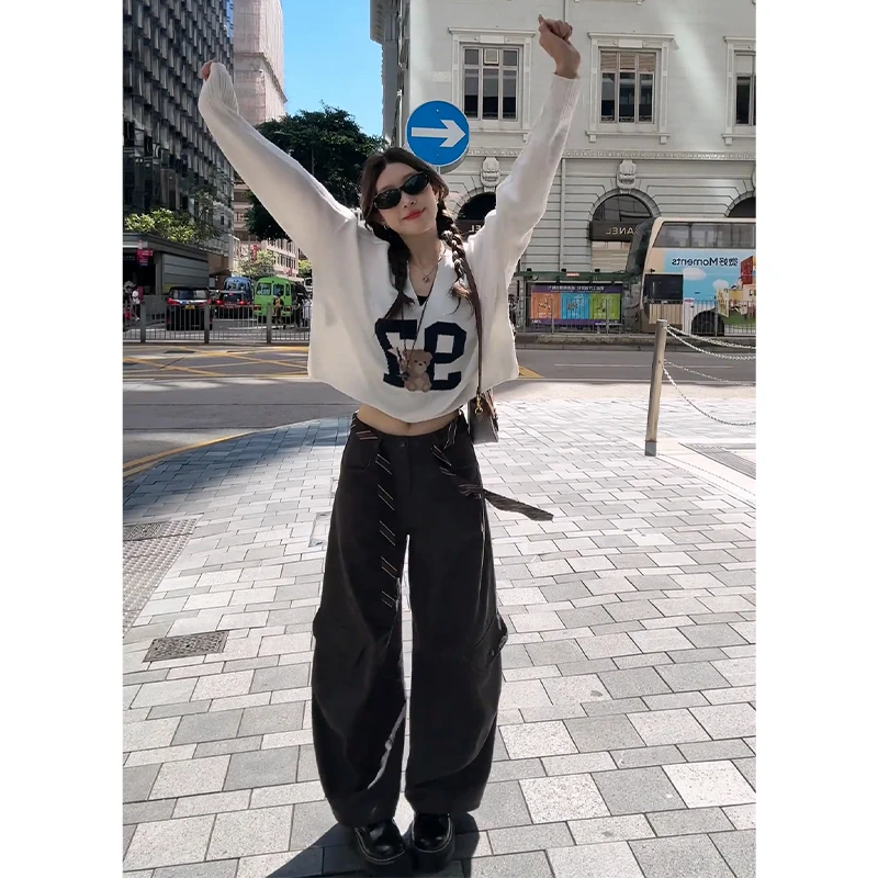 2025早秋新款韩系穿搭V领长袖宽松短款毛衣上衣百搭高腰阔腿长裤