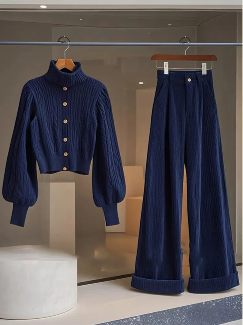 韩系搭配一整套冬装小香风藏蓝色高领毛衣灯芯绒阔腿裤