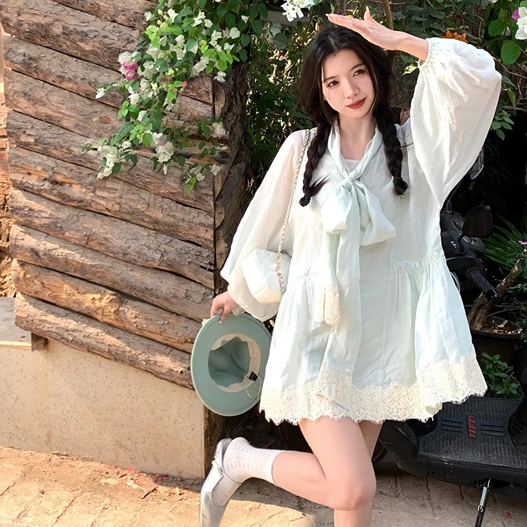 渔小平【垂丝茉莉】甜美气质刺绣宽松长袖连衣裙短裙少女娃娃裙夏