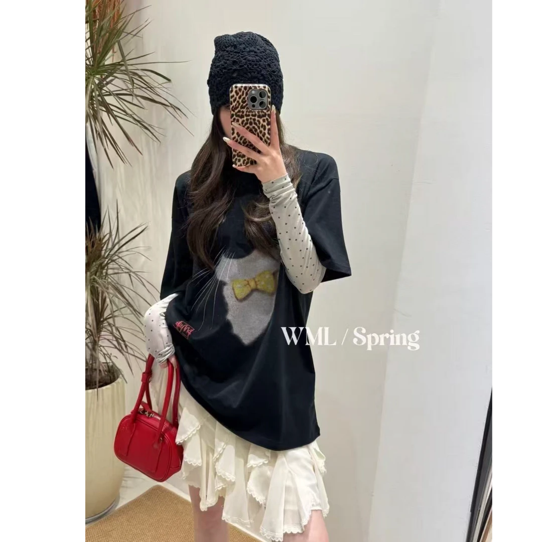 王美丽本丽-GT3716小众猫咪印花袖拼波点上衣