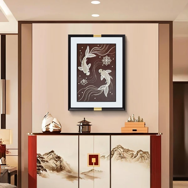 锦鲤新中式客厅装饰画年年有余珍珠立体感寓意好新婚挂画鱼6080