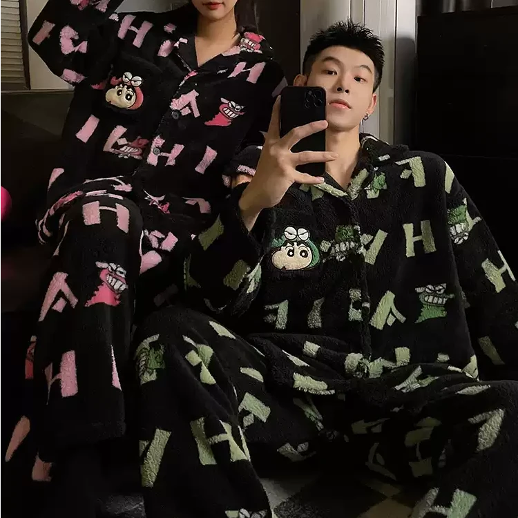 情侣睡衣蜡笔小新珊瑚绒女款秋冬季加绒加厚法兰绒男士黑色家居服