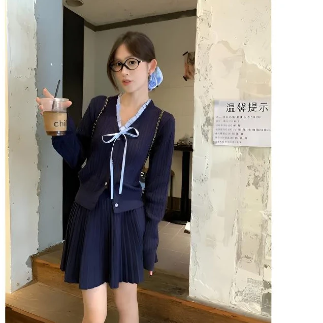 学院风蝴蝶结系带长袖针织衫百褶半身短裙女2025秋季新款时尚套装