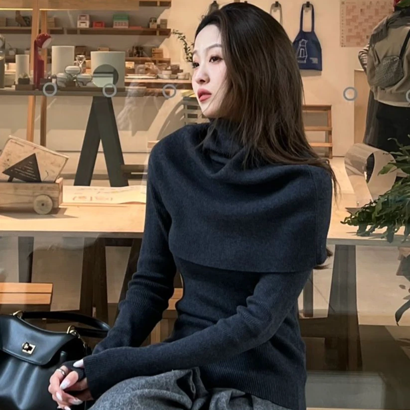 秋冬季时尚气质流行内搭叠穿毛衣绝美高领披肩针织衫女两件套上衣